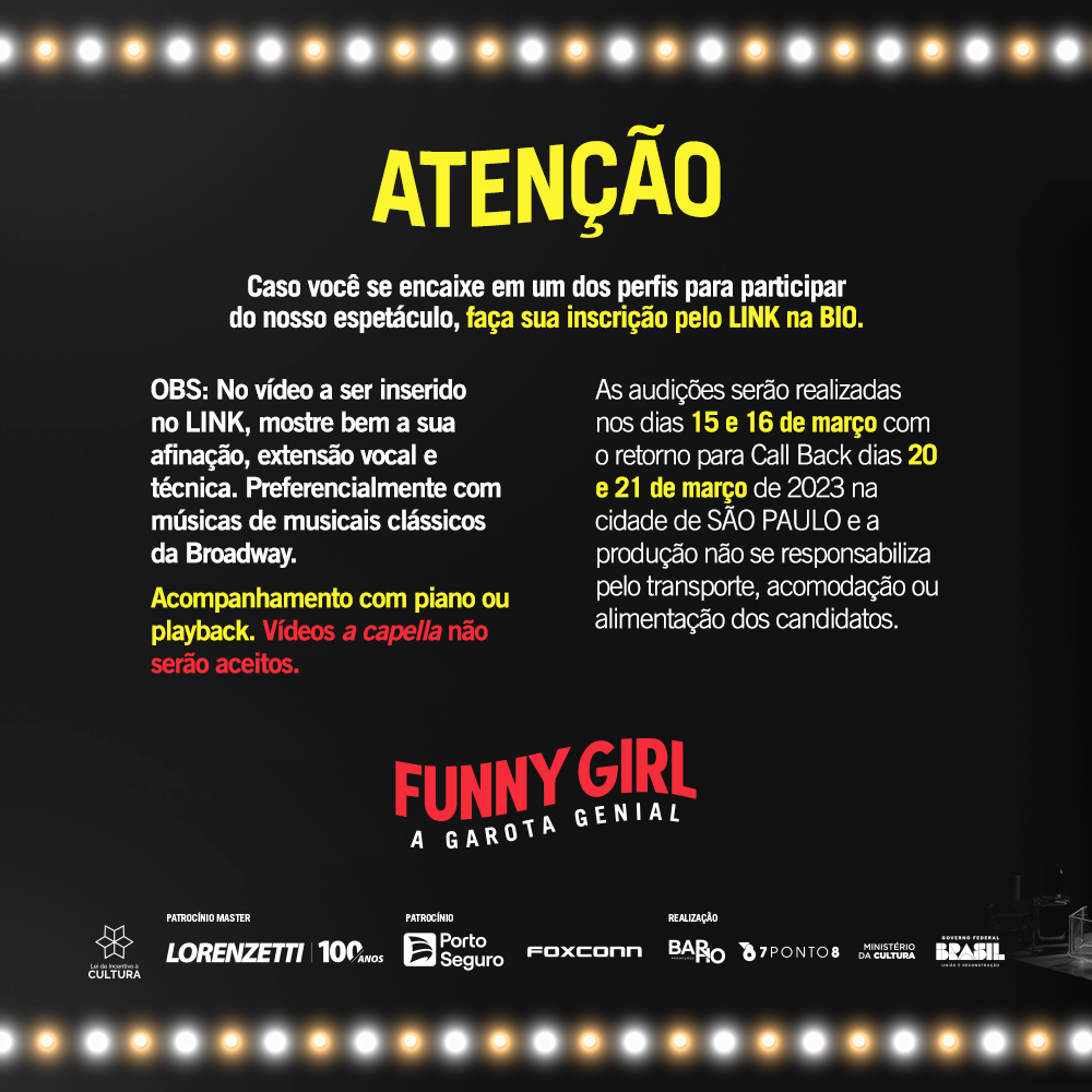 Montagem brasileira de "Funny Girl" abre inscrição para audições. Foto: Reprodução/Instagram.