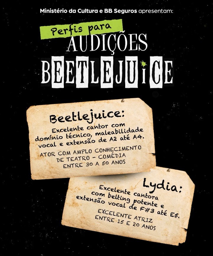 Ficha de audição para o espetáculo "Beetlejuice - O Musical". Foto: Divulgação.