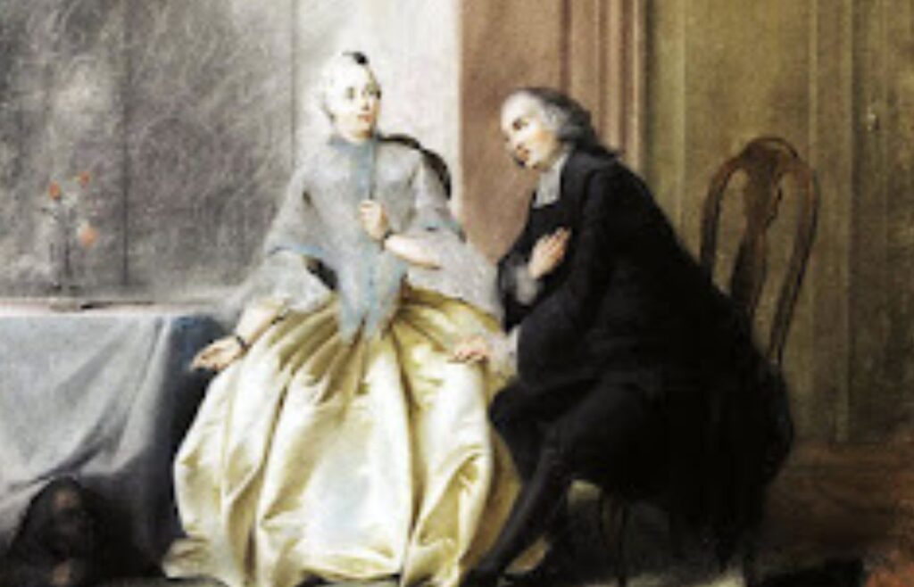 Tartufo seduz a esposa de Orgon (oculto sob a mesa). Peça de Molière. Foto: Reprodução/Internet.
