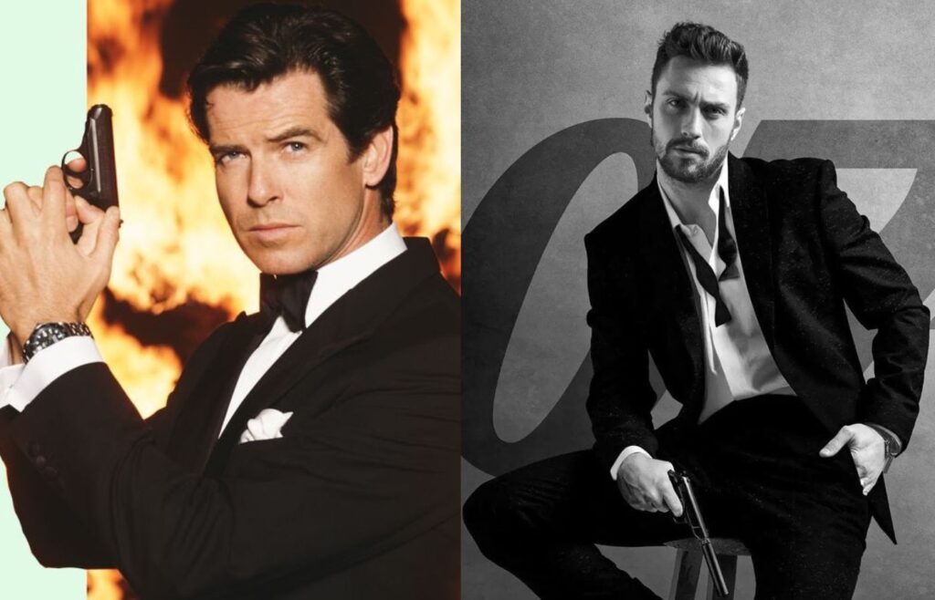 Pierce Brosnan aprova Aaron Taylor-Johnson como James Bond. Foto: Reprodução/X. Montagem: Blog Hipérion.
