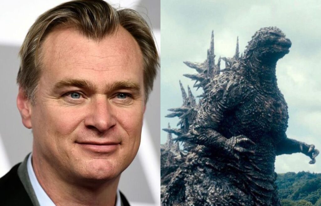 Christopher Nolan elogia "Godzilla Minus One", atual vencedor do Oscar de Melhores Efeitos Visuais. Fotos: Reprodução. Montagem: Blog Hipérion.