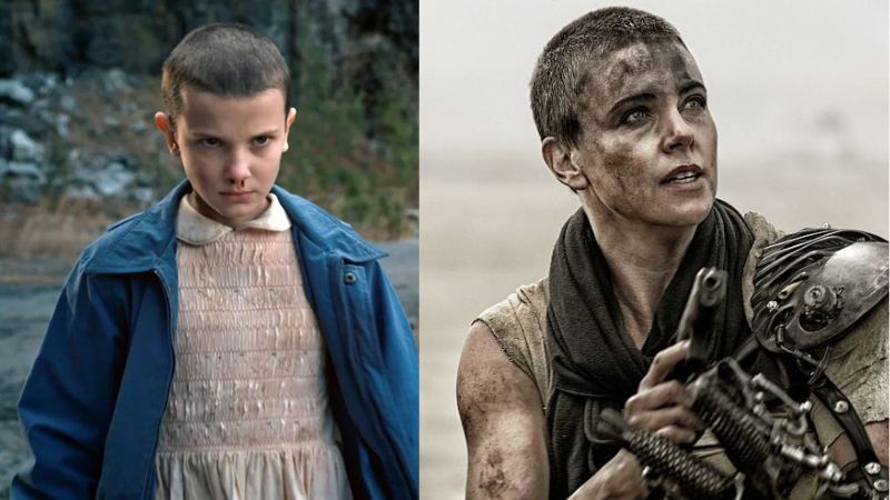 Millie Bobby Brown (à esquerda), Charlize Theron (à direita). Fotos: Reprodução/Netflix/Warner Bros. 
Montagem: Blog Hipérion.