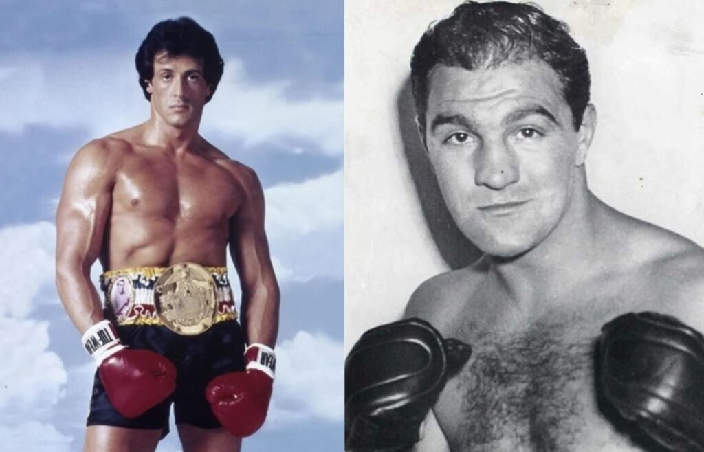 Rocky Balboa e Rocky Marciano, que inspirou o personagem. Fotos: Reprodução/MGM/Vice.
Montagem: Blog Hipérion.