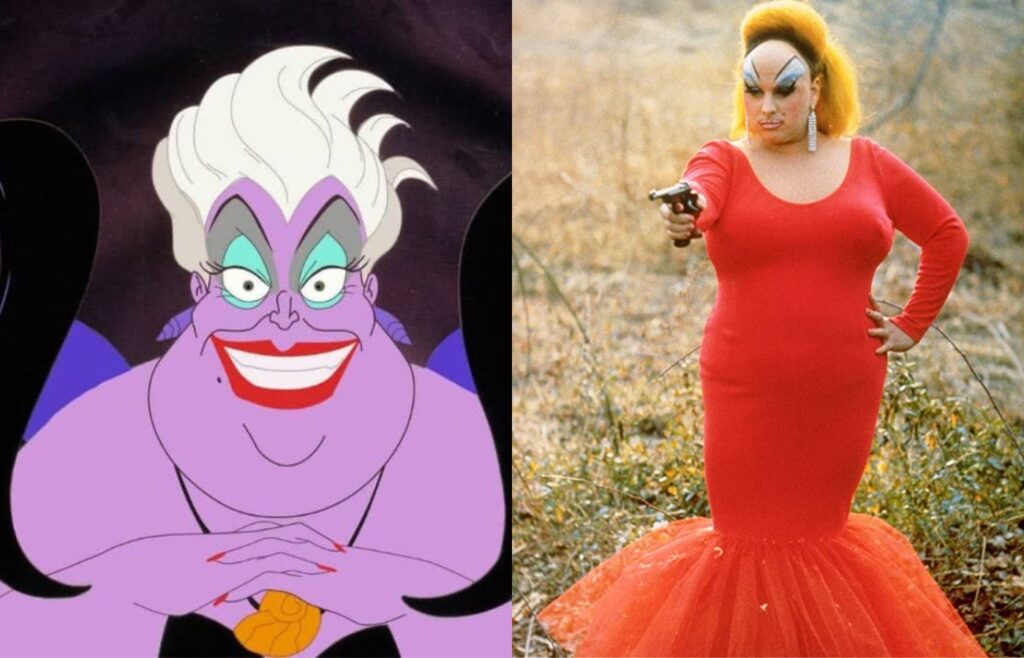 Úrsula e a drag Divine. Fotos: Reprodução/Disney/New Line Cinema. 
Montagem: Blog Hipérion.