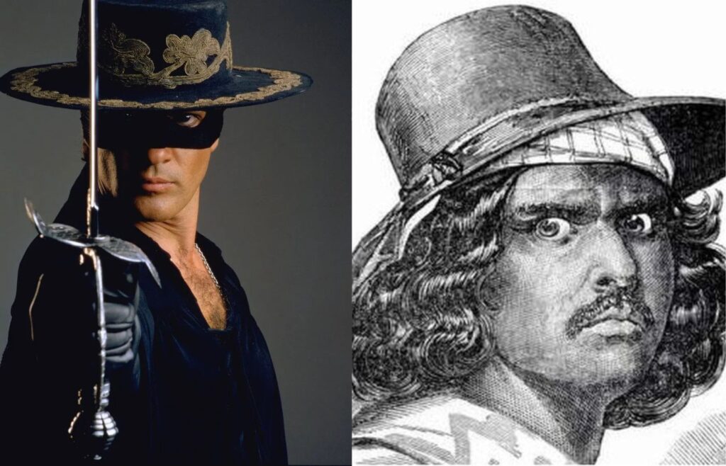 Zorro e Joaquin Murrieta, que inspirou o personagem. 
Fotos: Reprodução/TriSTar Pictures/Domínio Público. 
Montagem: Blog Hipérion.
