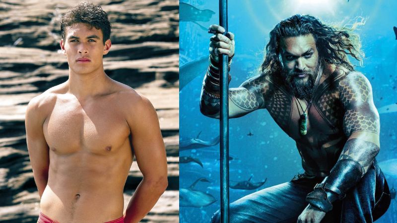 Jason Momoa em "Baywatch Hawaii" e "Aquaman" (2018). Fotos: Reprodução/DC Studios. 
Montagem: Blog Hipérion.