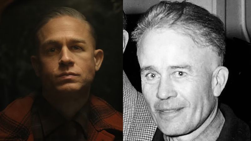 Charlie Hunnam como Ed Gein e o verdadeiro Ed Gein. Fotos: Reprodução/Netflix/Britannica. 
Montagem: Blog Hipérion.