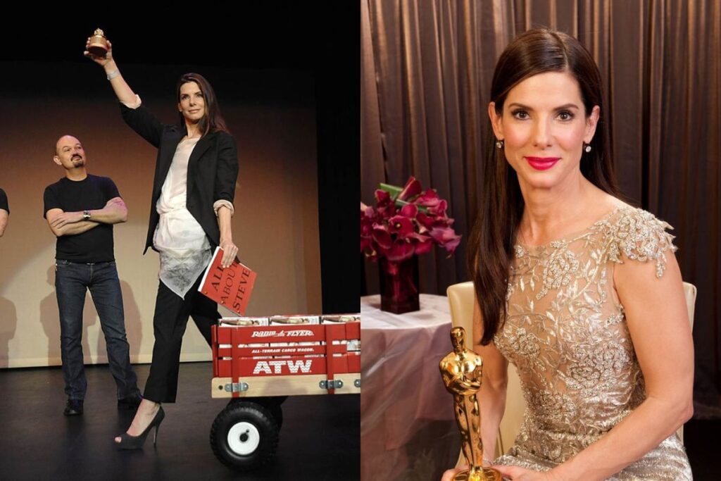 Sandra Bullock com o Oscar e Framboesa de Ouro. Fotos: Reprodução/AMPAS.
Montagem: Blog Hipérion.